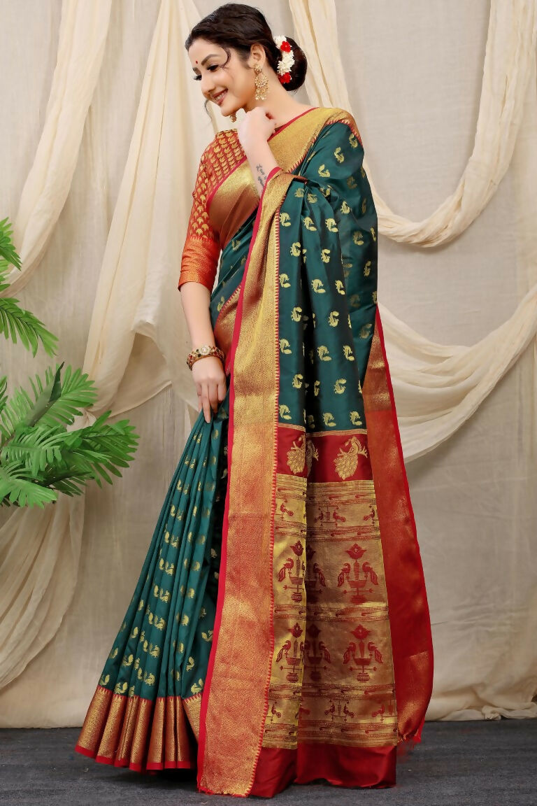 Jyoti Fashion Women's Bottle Green Banarasi Silk Zari Woven Saree with Blouse - Distacart