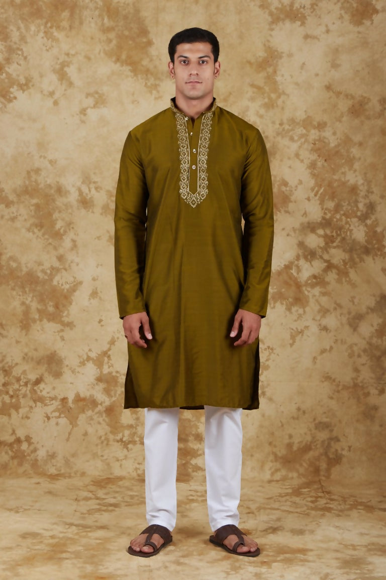 Bluesaanchi Men's Handloom Embroidered Field Drab Kurta Set - Distacart