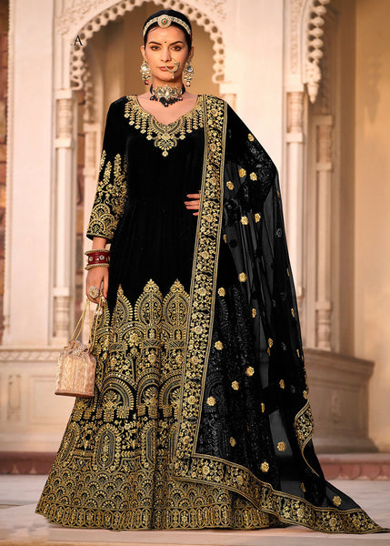Black Velvet Front & Back Embroidery Wedding Anarkali Suit - Emponline - Distacart