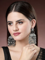 Thumbnail for NVR Women's Silver Plated Mirror Work Oxidised Contemporary Jhumka Earrings - Distacart