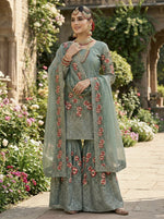Thumbnail for Teeya Creation Teal Fendy Silk Heavy Embroidery Work Party Wear Sharara Suit - Distacart