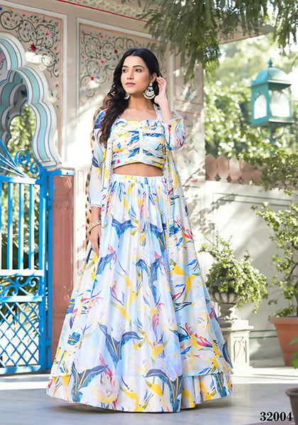 Wedding Partywear Offwhite Slim Georgette Lehenga Choli with Shrug- Shehnaaz - Distacart