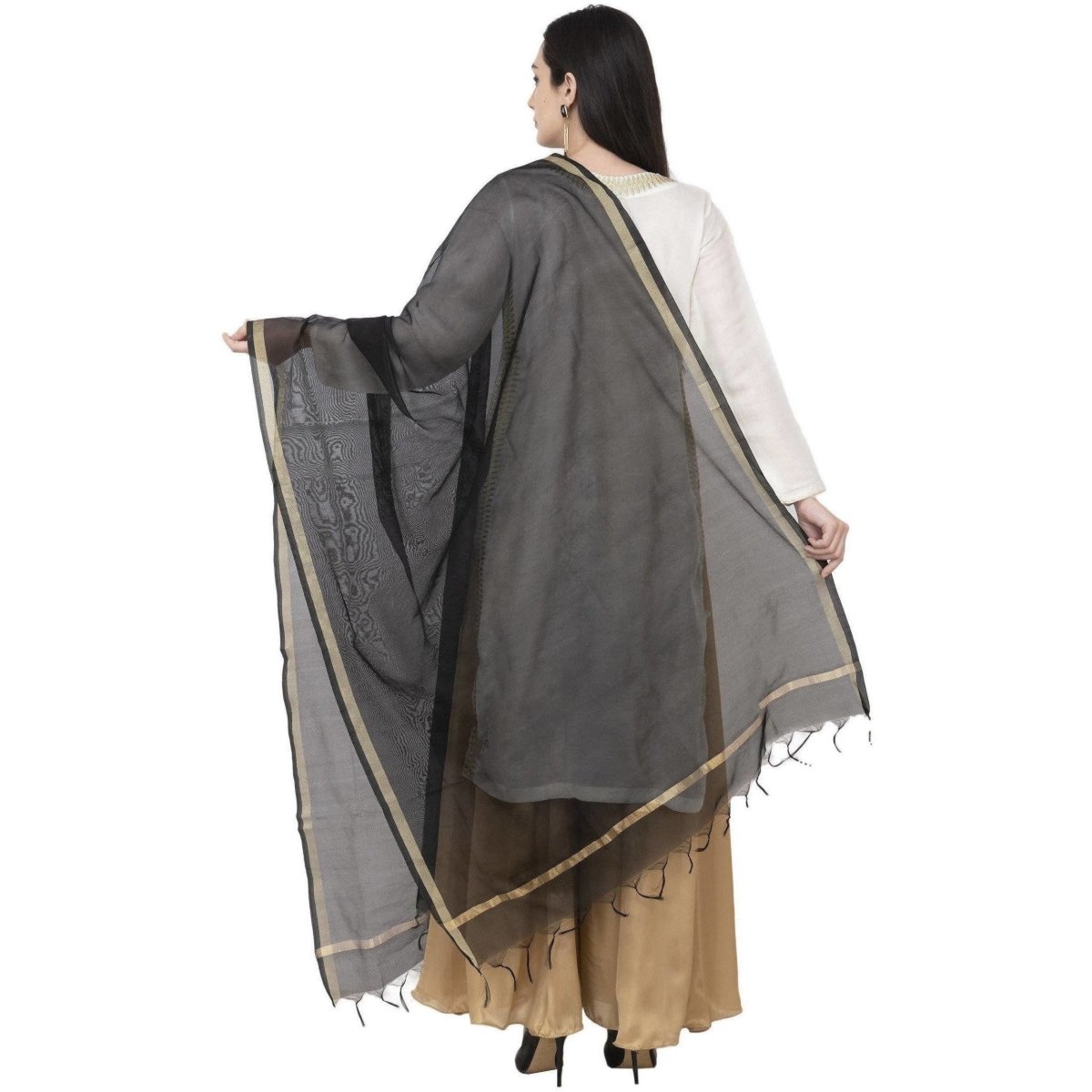 A R SILK Chanderi Piping Regular Dupatta Black Color Dupatta or Chunni