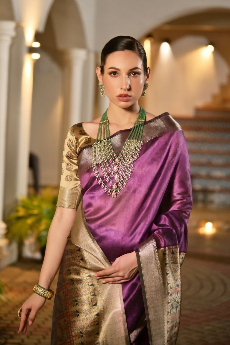 Vishnu Weaves Women's Wine Soft Tussar Silk Printed Saree with Blouse
