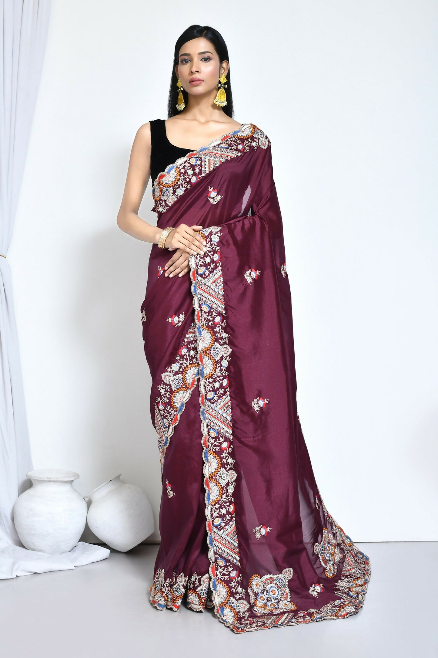 Purple Crepe Silk Sequence Embroidered Saree - Nimaya Benzy - Distacart