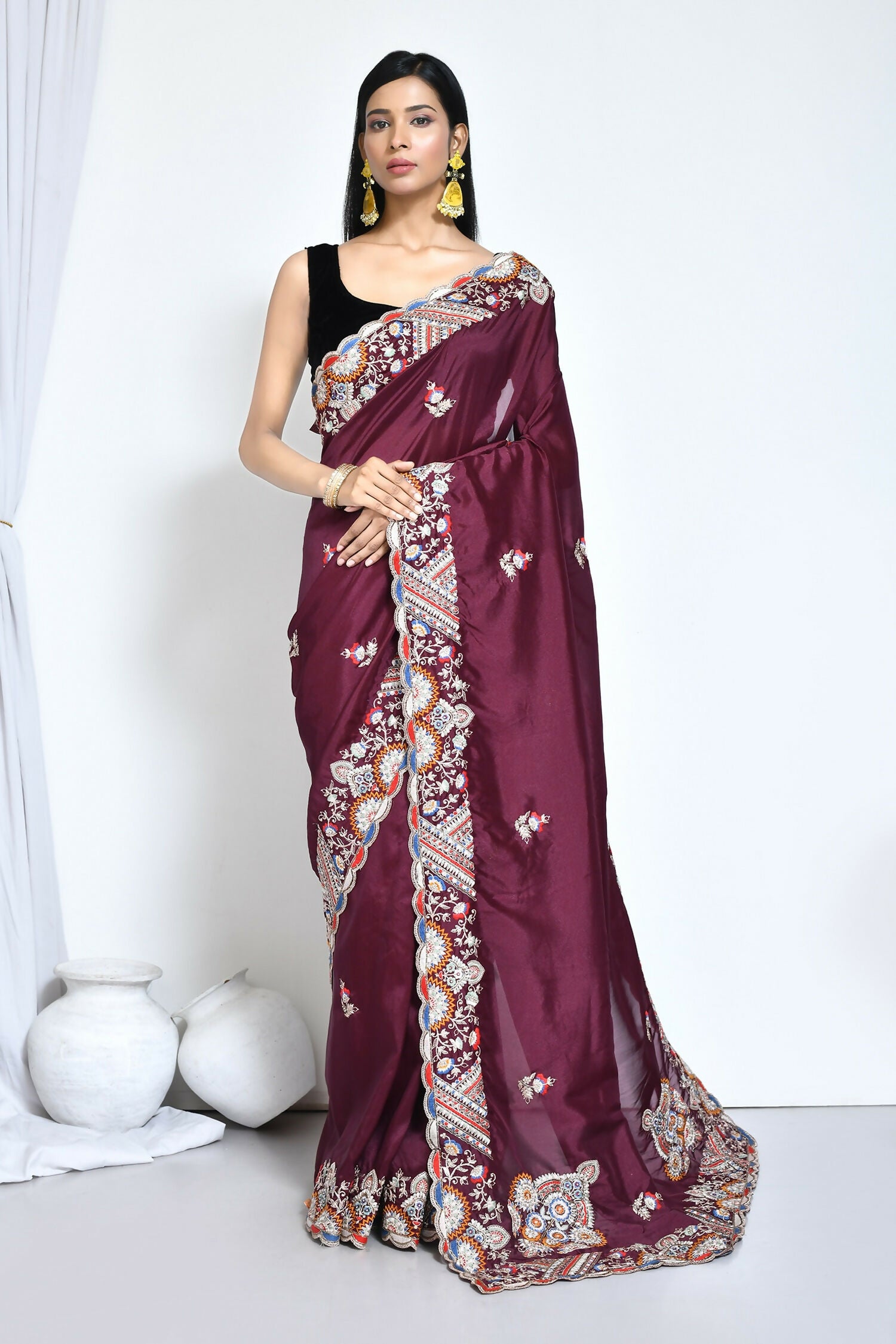 Purple Crepe Silk Sequence Embroidered Saree - Nimaya Benzy - Distacart