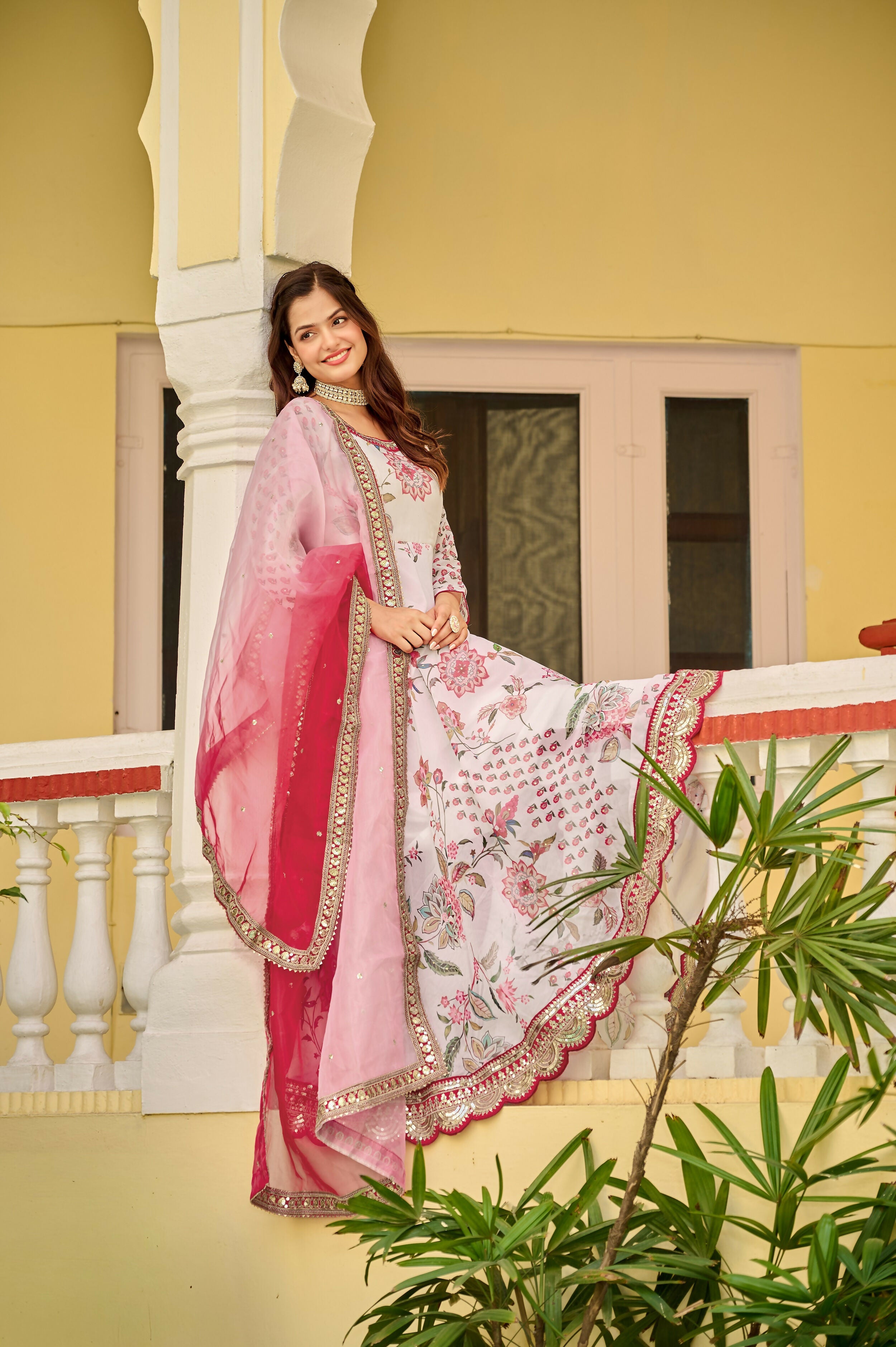 Joban Fashion Pink & White Georgette Embroidery Sequence Work Readymade Kurta Set - Distacart