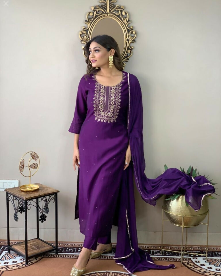 Partywear Designer Wine Rayon Slub Stitched Suit With Dupatta - Tanisha - Distacart