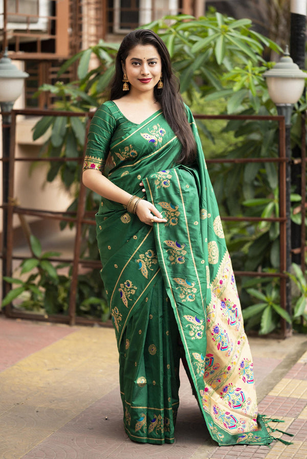 Green Pure Silk Woven Design Saree with Unstitched Blouse - Hiral Fashion - Distacart