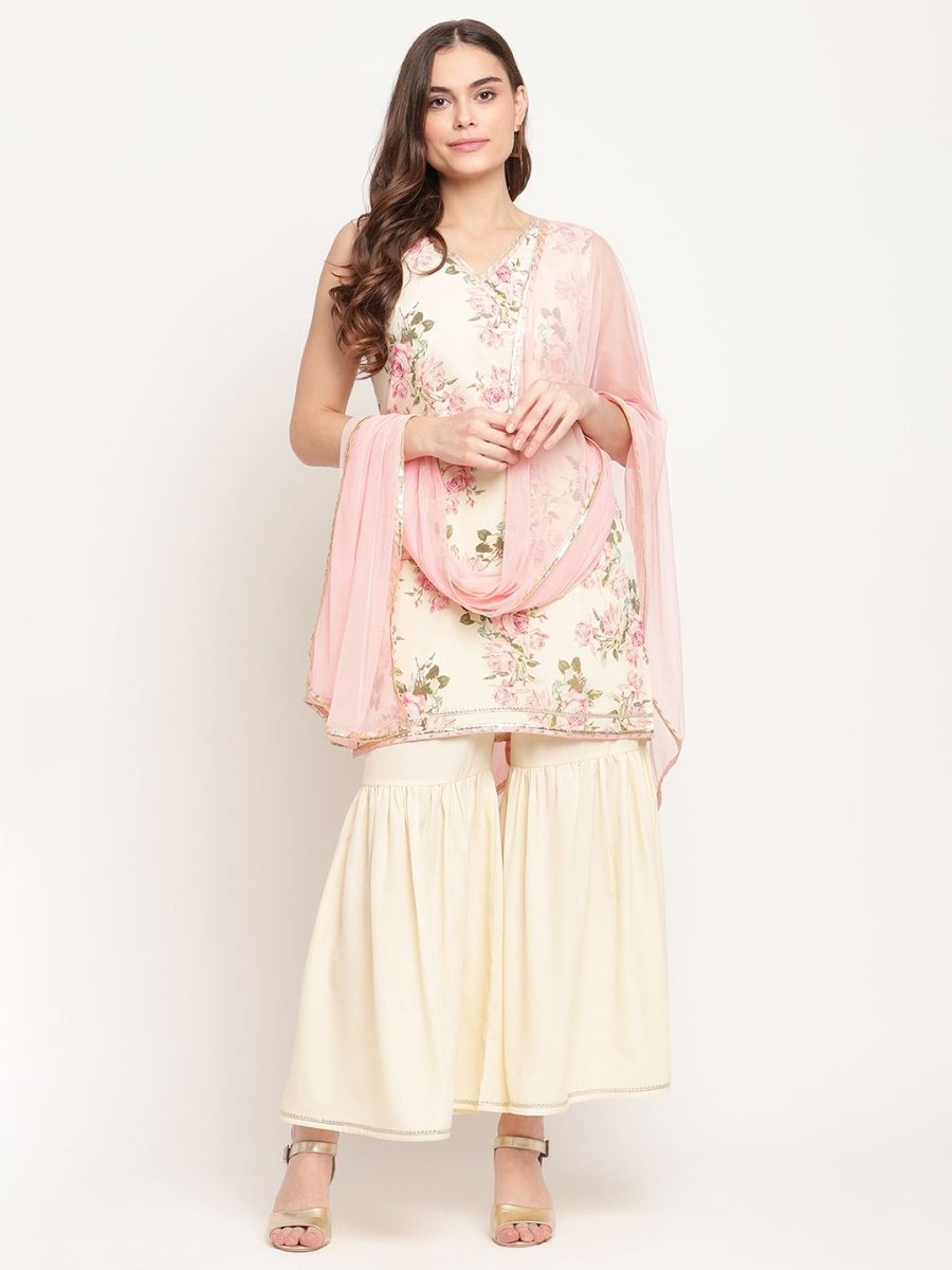 Ahalyaa Women's Beige Crepe Digital Floral Print Kurta Sharara Set with Dupatta - Distacart