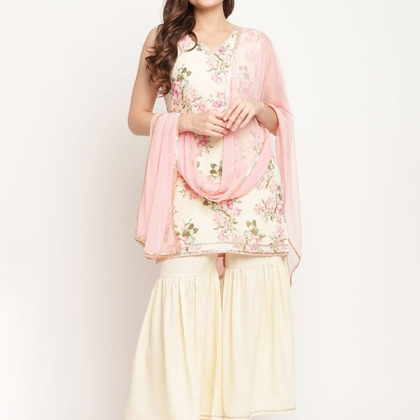 Ahalyaa Women's Beige Crepe Digital Floral Print Kurta Sharara Set with Dupatta - Distacart