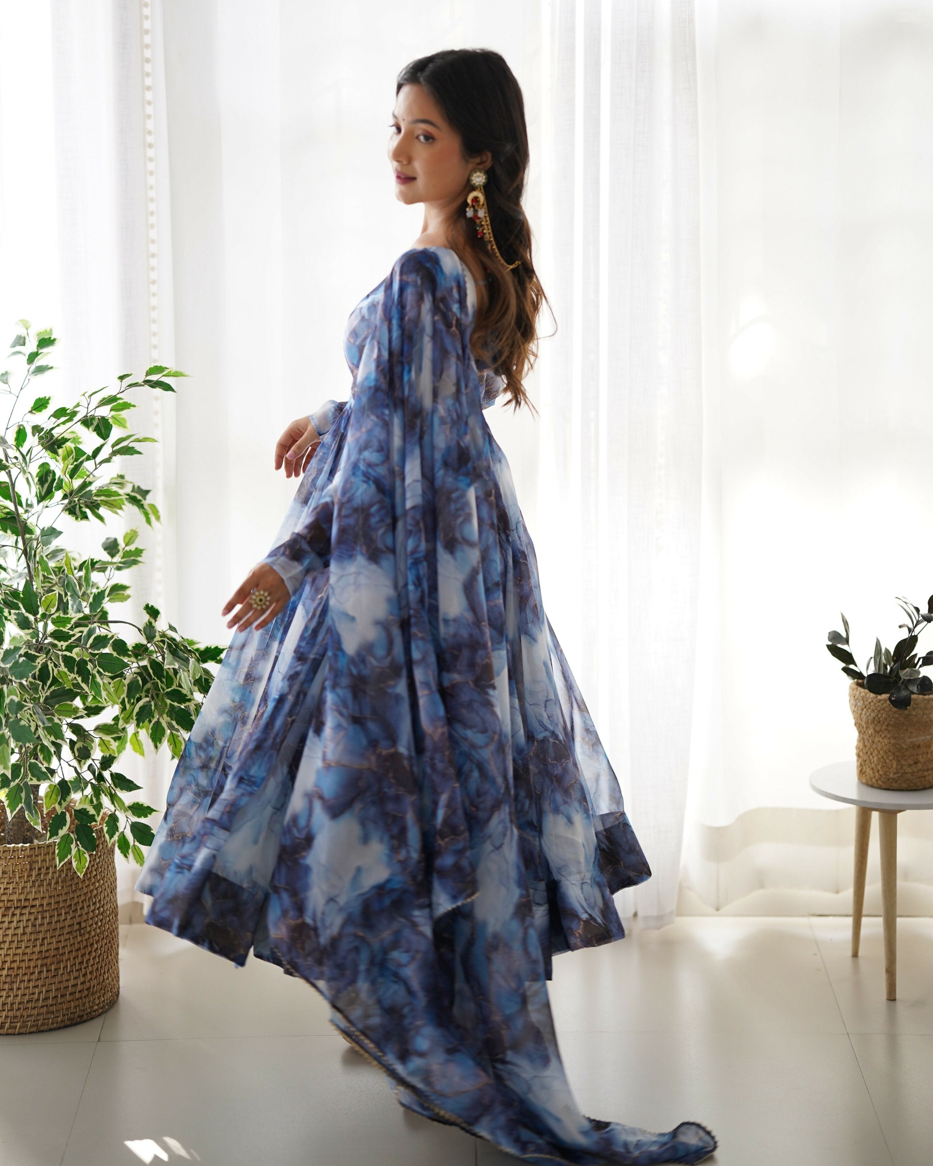 Joban Fashion Navy Blue Kurta Set Organza Sequin Embroidery Work - Distacart