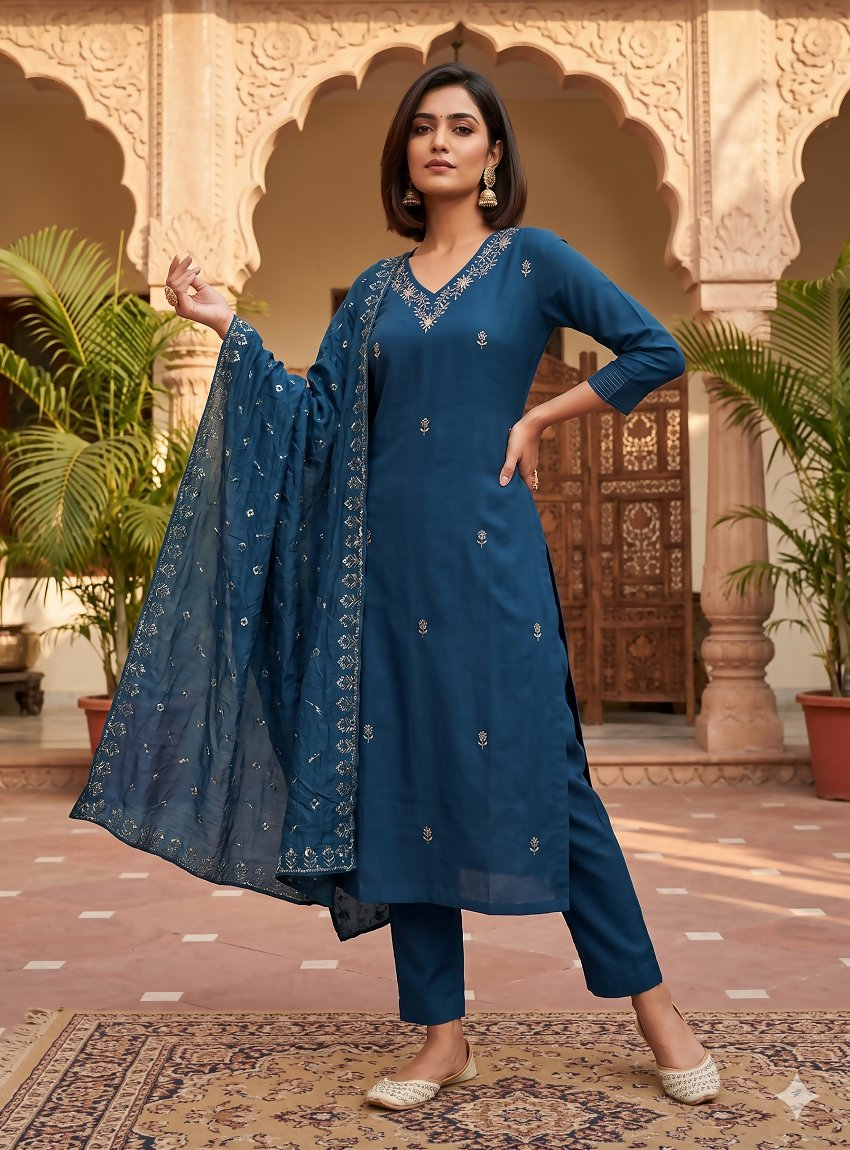 Teeya Creation Ready-To-Wear Dark Blue Chinon Salwar Suit Set With Thread And Sequence Work Set - Dista