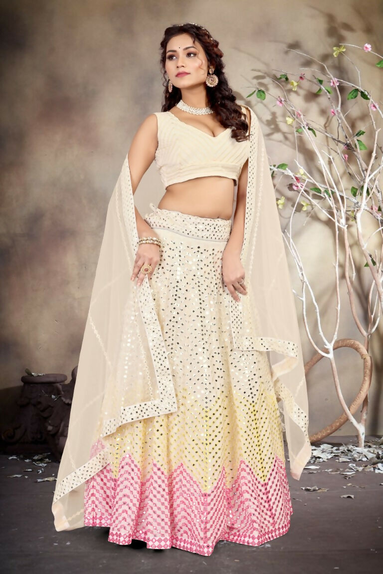 Jyoti Fashion Butter Cream Sequence with Thread Zari Embroidery Georgette Lehenga Choli with Dupatta - Distacart