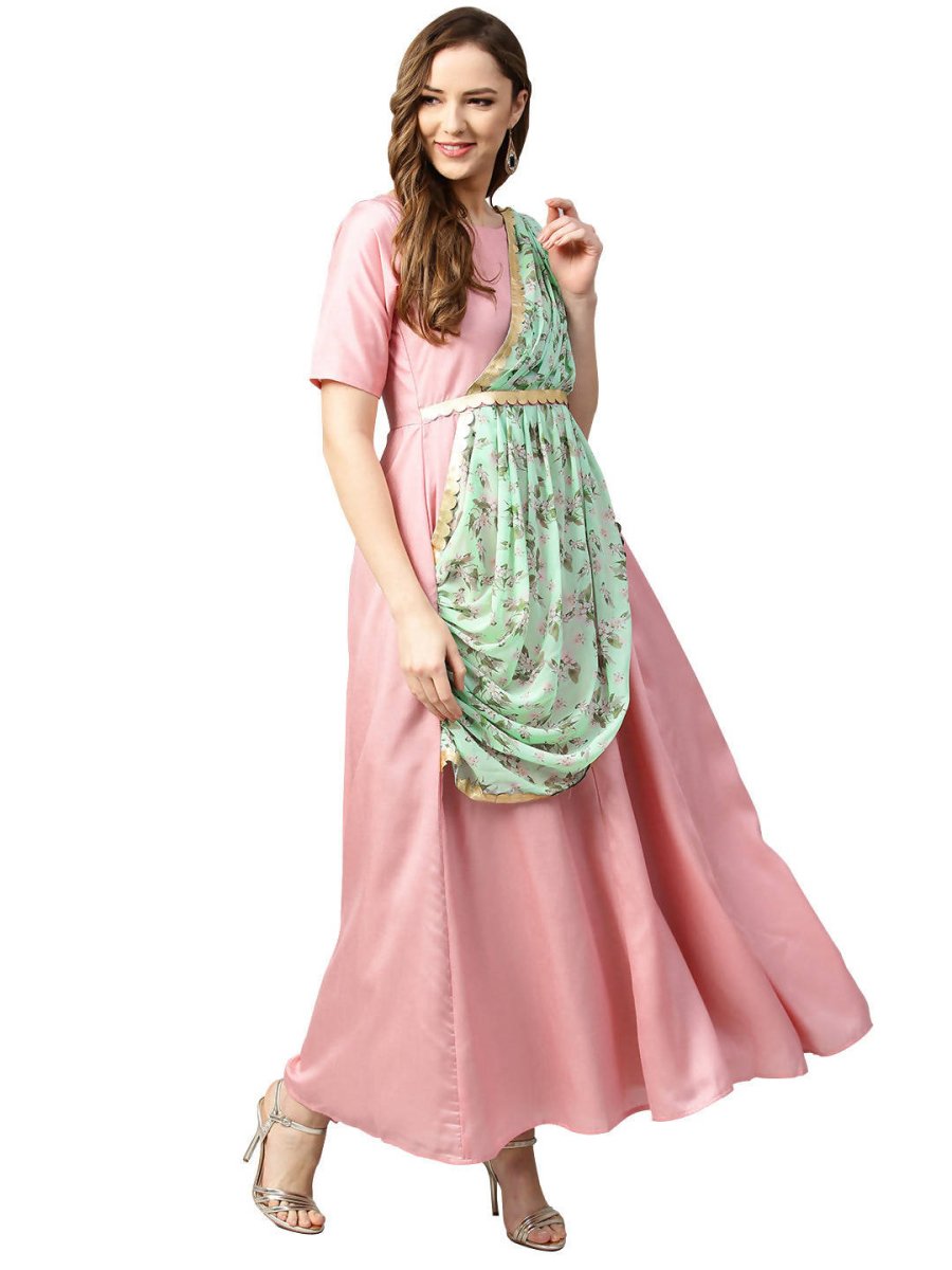 Ahalyaa Pink & Green Solid Maxi Dress with Attached Dupatta - Distacart