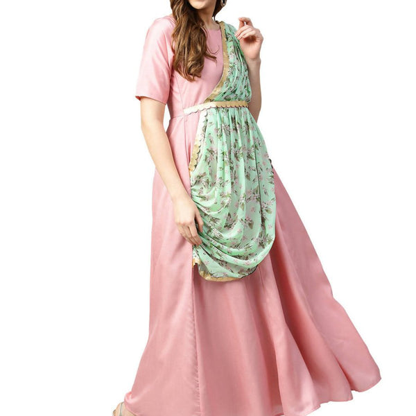 Ahalyaa Pink & Green Solid Maxi Dress with Attached Dupatta - Distacart