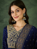 Thumbnail for The52 Blue Women's Gorgeous Embroidered Work Vichitra Silk Fabric Flared Kurta Pant and Dupatta Set - Distacart