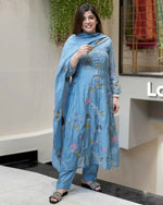 Thumbnail for The52 Blue Women's Beautiful Cotton Fabric Thread Work Straight Kurta, Pant and Dupatta Set - Distacart