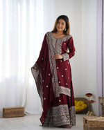 Thumbnail for Joban Fashion Maroon Kurta Set Silk Sequins , Zari, Coding & Thread Embroidered work - Distacart