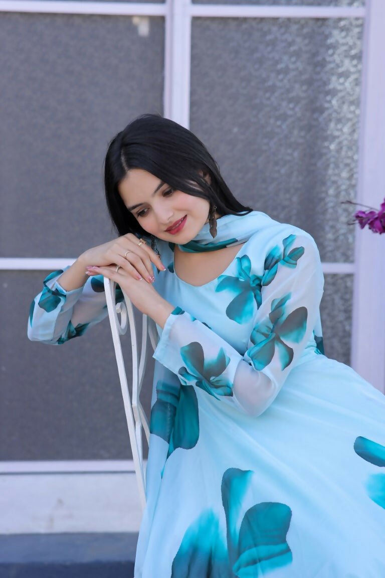 Aastha Fashion Women's Turquoise Tebby Silk Floral Printed Anarkali Dress with Dupatta - Distacart