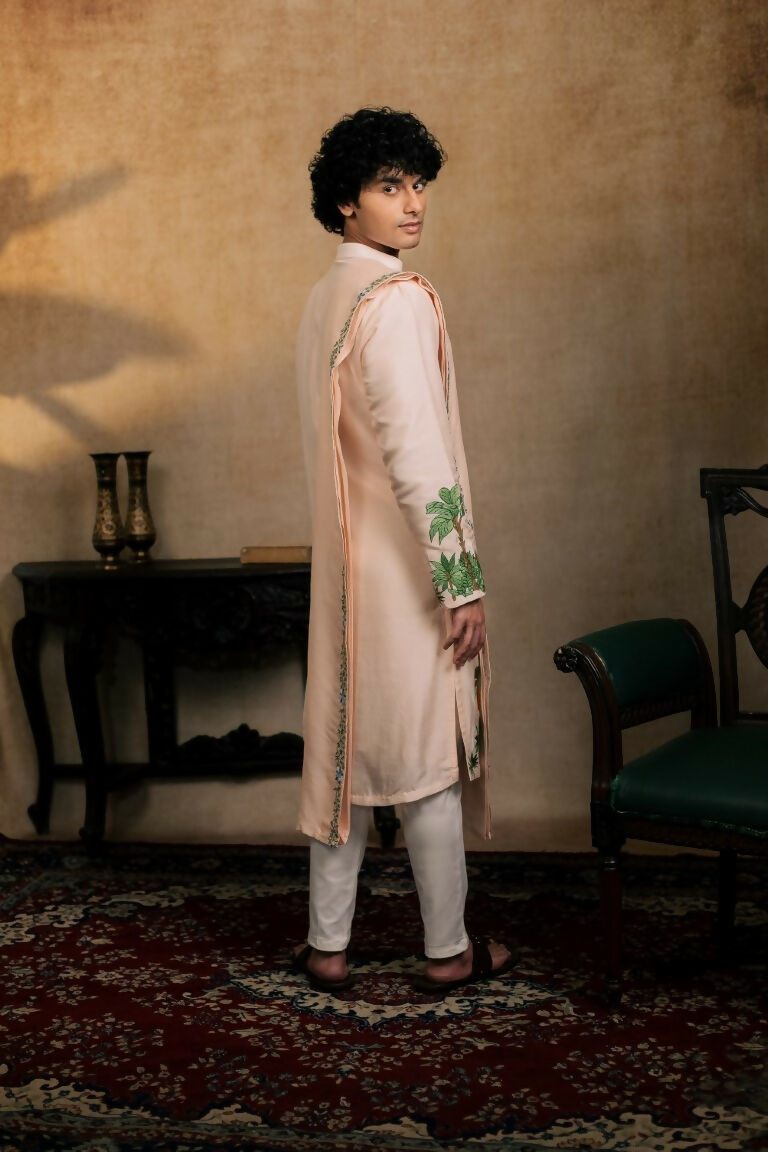 Falling Raw Silk Peach Gajavana Kurta Set By Hilo Design - Distacart
