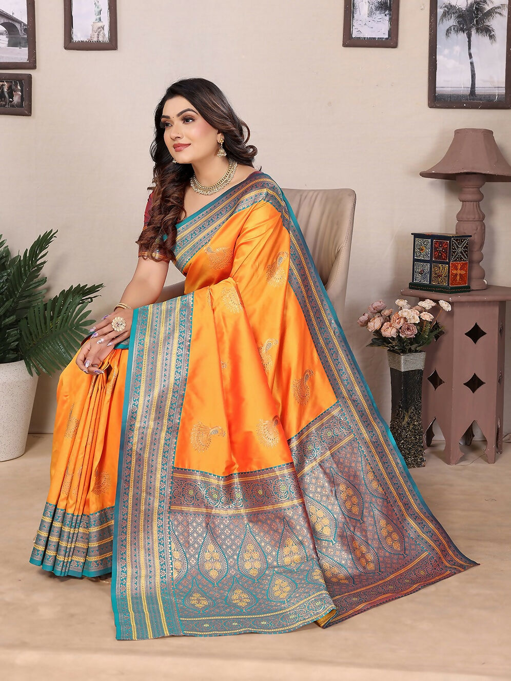 Joban Fashion Banarasi Orange Small Butti Soft Silk Saree
