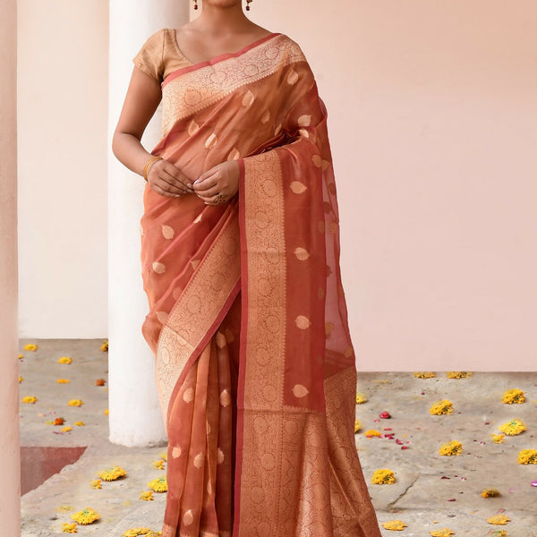 Joban Fashion Rose Gold Banarasi Tissue Pure Handloom Banarasi Silk Saree