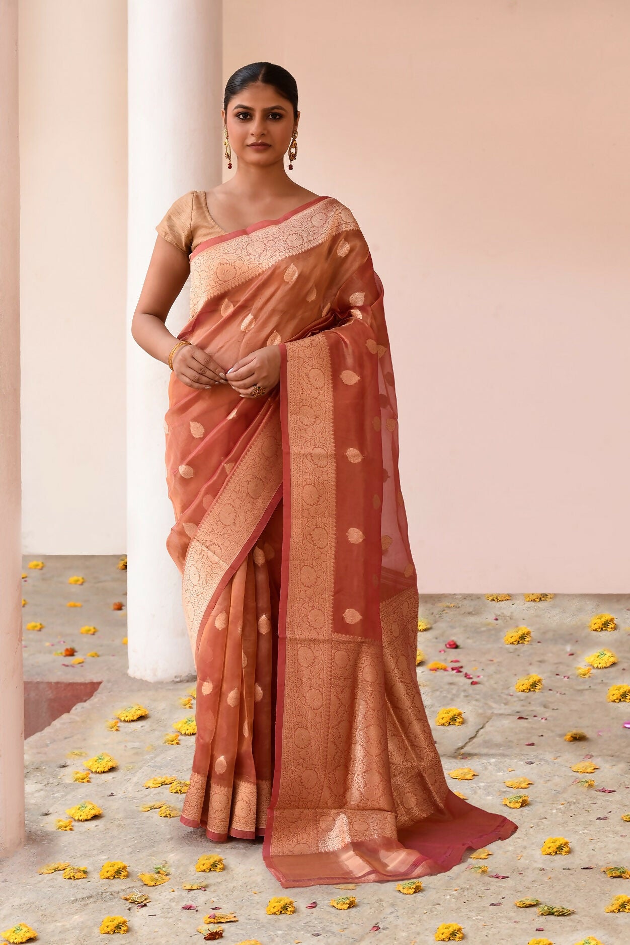 Joban Fashion Rose Gold Banarasi Tissue Pure Handloom Banarasi Silk Saree - Dista