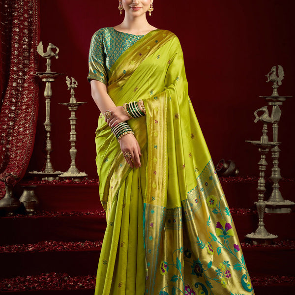 Joban Fashion Mustard Green Paithani Silk Blend Butti Saree
