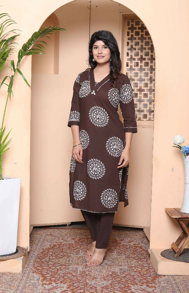 Miravan Womens Brown Animal Printed Kurta With Palazzo - Dista