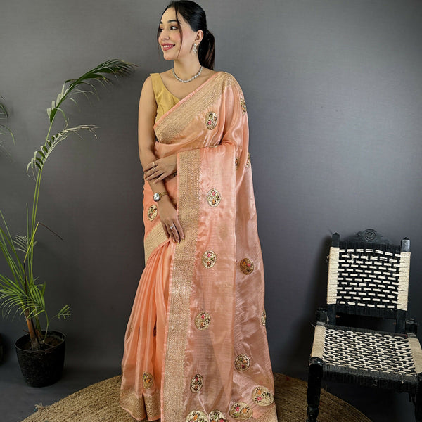 Joban Fashion Peach Handloom Banarasi Organza Silk Khatali Butta Work Saree - Distacart