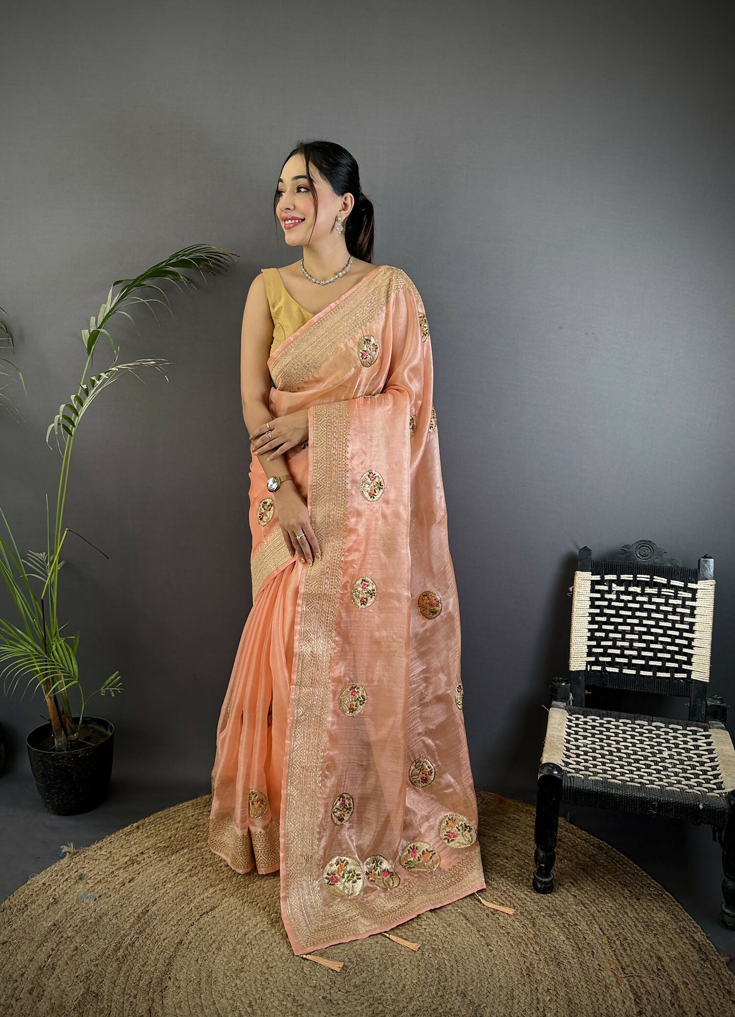 Joban Fashion Peach Handloom Banarasi Organza Silk Khatali Butta Work Saree - Distacart
