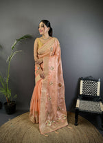 Thumbnail for Joban Fashion Peach Handloom Banarasi Organza Silk Khatali Butta Work Saree - Distacart