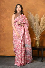 Thumbnail for Very Much Indian Pure Cotton Handblock Printed Saree - Light Pink - Distacart