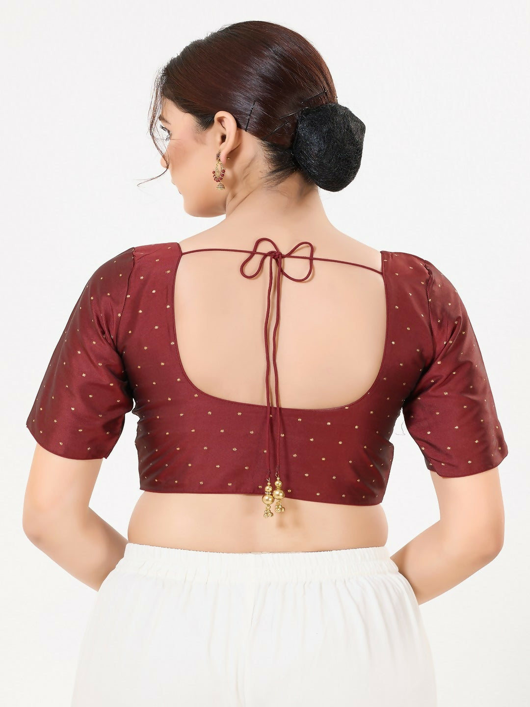 Joban Fashion Dark-Maroon Taffeta Silk Elbow Sleeveless Front Open Blouse