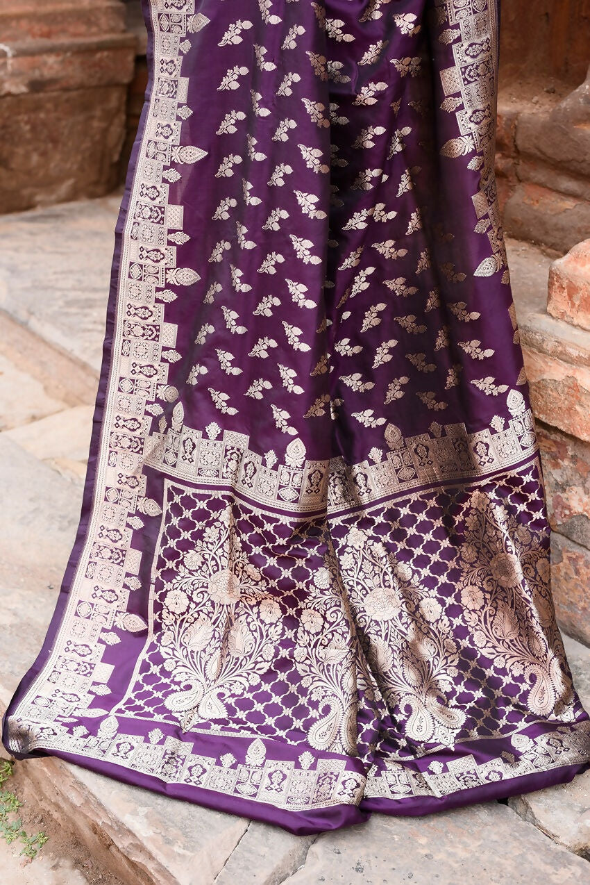 Joban Fashion Plum Purple Hand Woven & Zari Work Katan Pure Handloom Banarasi Silk Saree