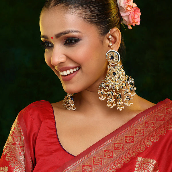 Ruby Raang 22k Gold Polished Kundan Chand Earrings With Ear Chains