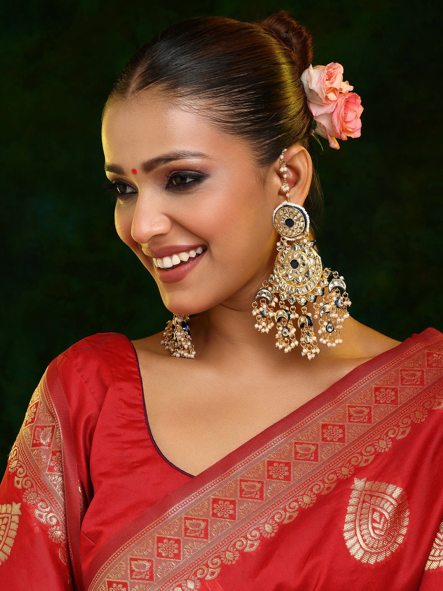 Ruby Raang 22k Gold Polished Kundan Chand Earrings With Ear Chains - Distacart