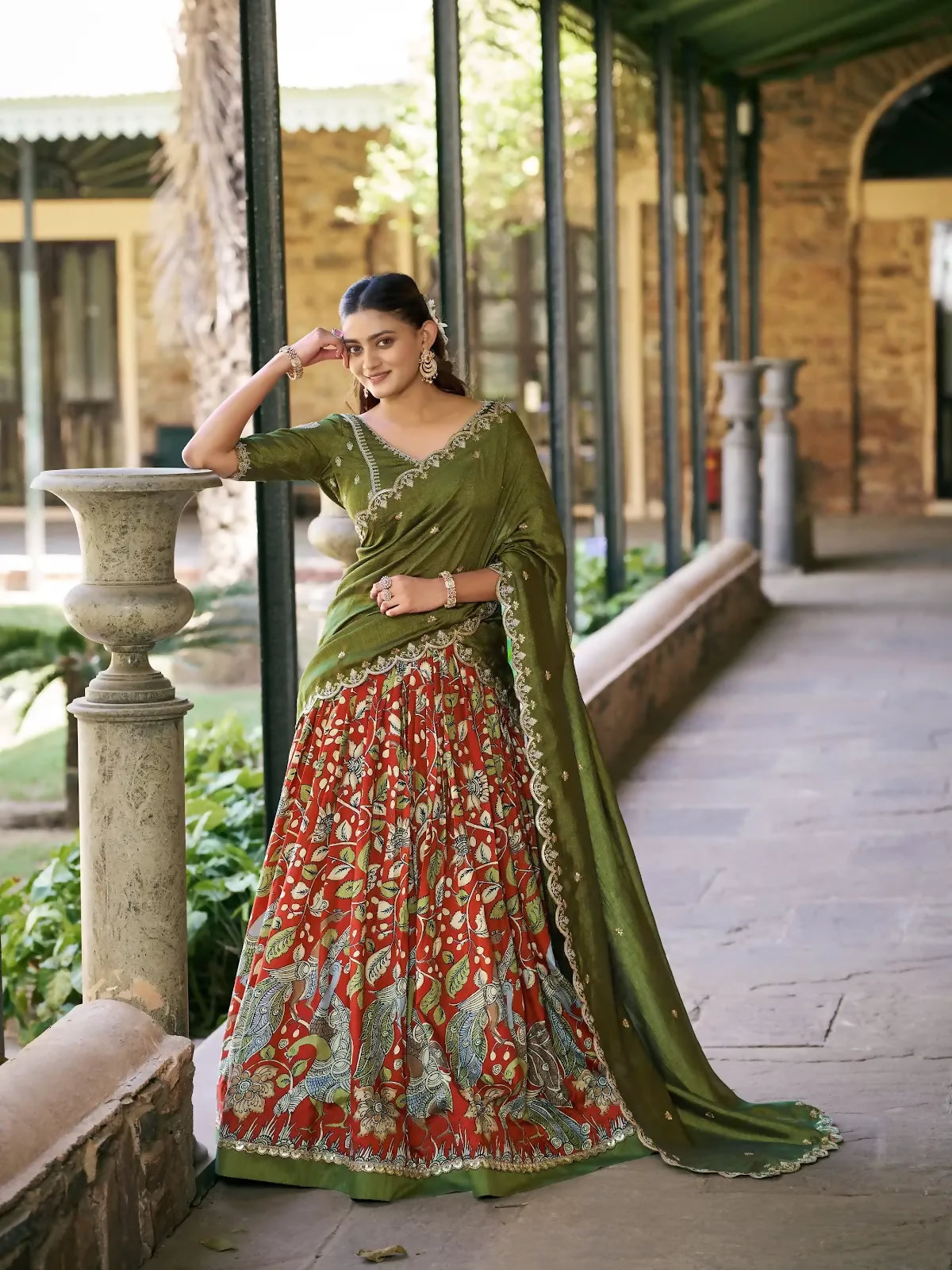 Looknbook Art Printed Tussar Silk Lehenga Choli with Intricate Lace Work-Rust Orange
