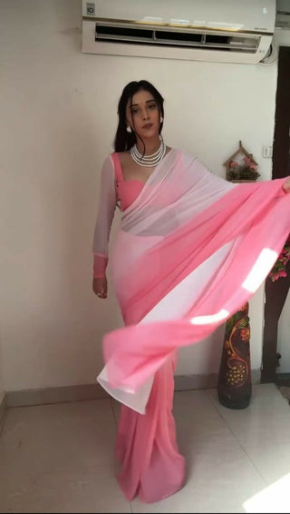 Malishka Georgette Printed Ready To Wear Saree With Blouse Piece - Pink - Distacart