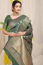 Thumbnail for Jyoti Fashion Women's Bottle Green Kanjivaram Silk Zari Woven Saree with Blouse - Distacart