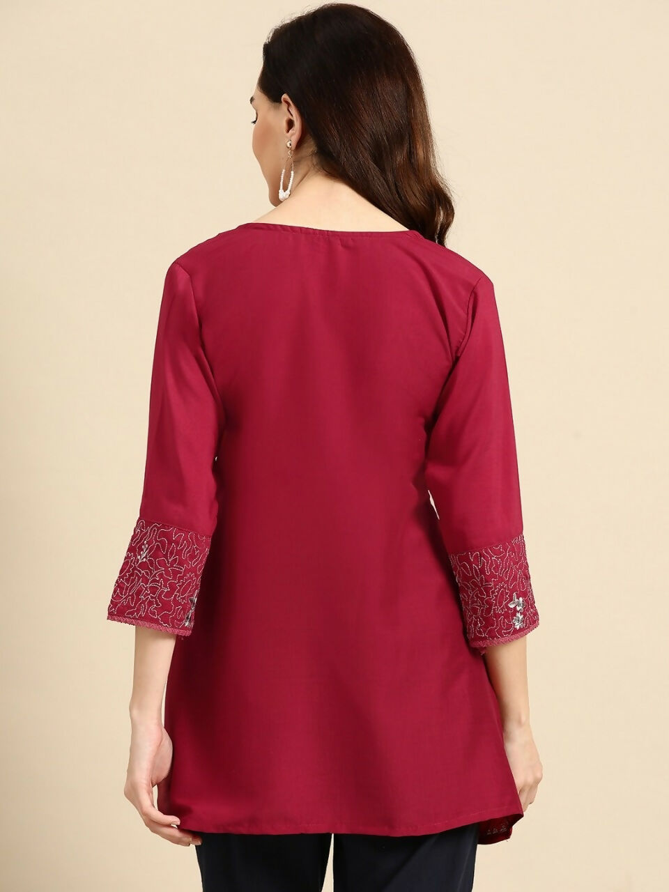 Women's Maroon Viscose blend Embroidered Short Top - Marina - Distacart