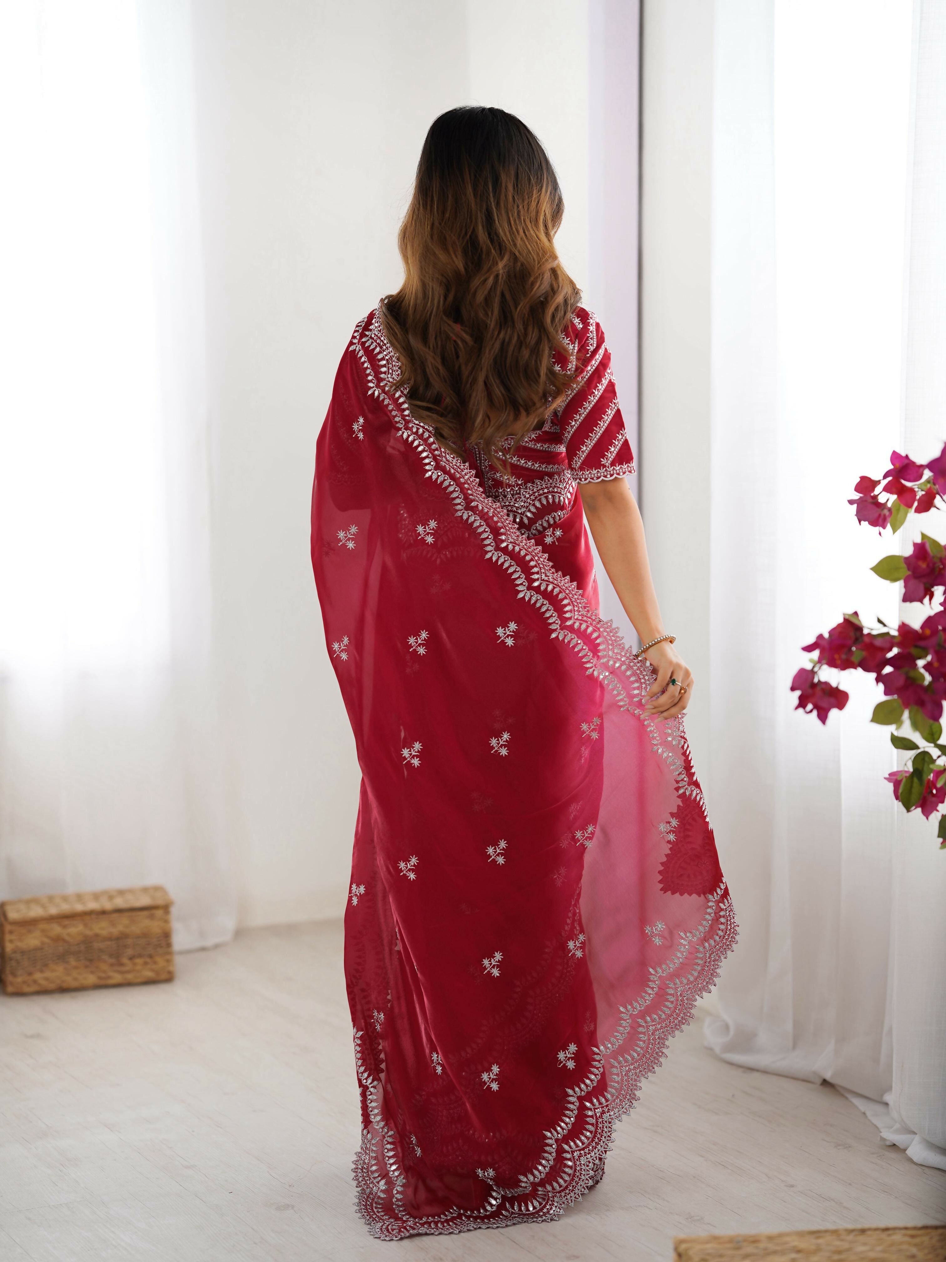 Joban Fashion Red Jimmy Choo Saree With Thread with Sequins work