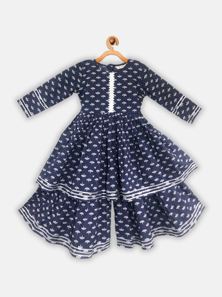 Ahalyaa Navy Pure Cotton Digital Printed Kids Kurta Sharara Set For Girls - Distacart