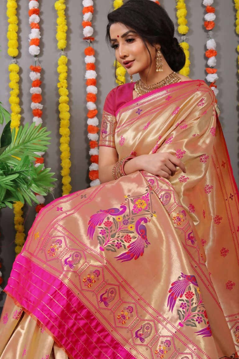 Jyoti Fashion Women's Rani Pink Paithani Silk Zari Woven Saree with Blouse - Distacart