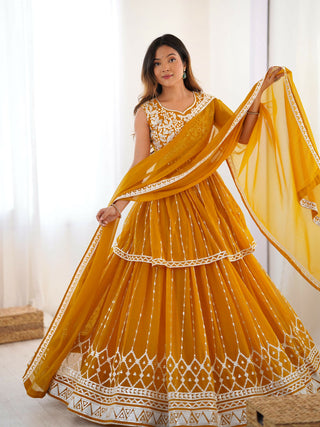 Joban Fashion Yellow Lehenga Georgette Coding Dori with Sequence with Rivet Moti