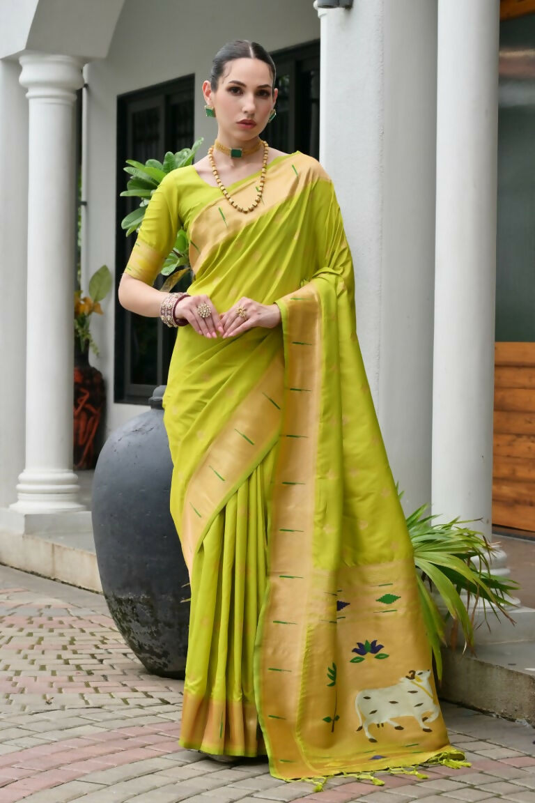 Vishnu Weaves Women's Mahendi Paithani Silk Zari Woven Saree with Blouse