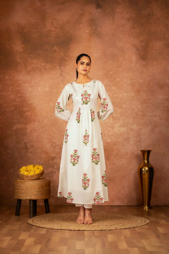 Joban Fashion Off White Pink Floral Hand Block Printed Cotton Kurta Pant Set - Distacart