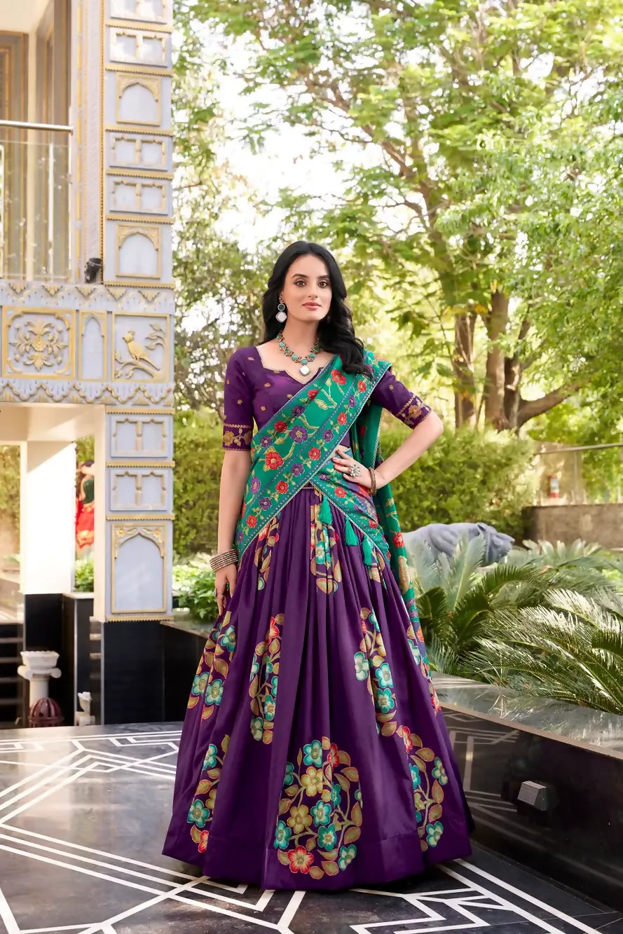 Looknbook Art Designer Tussar Silk Printed Chaniya Choli with Foil Detailing and Lace Finish-Purple