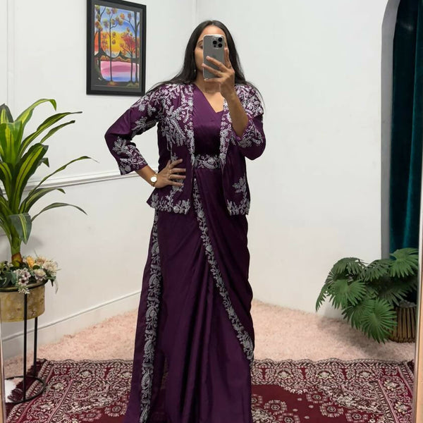 Teeya Creation Wine Color Chinon Silk Wedding Wear Ready To Wear Saree With Koti - Distacart